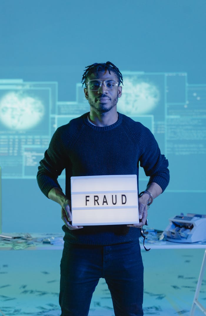 Adult man holding a 'fraud' sign in a technological setting, suggesting cybercrime.